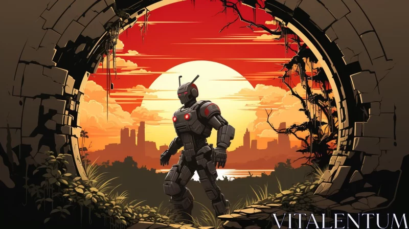 Robot in Sunset - A Blend of Metropolis and Nature AI Image