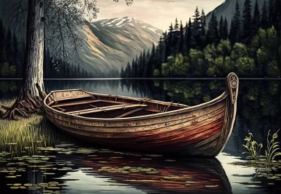 Intricate Norwegian Nature Art - Boat on Lake AI Image