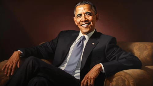 Joyful and Optimistic Portrait of Barack Obama Seated on a Tan Chair AI Image