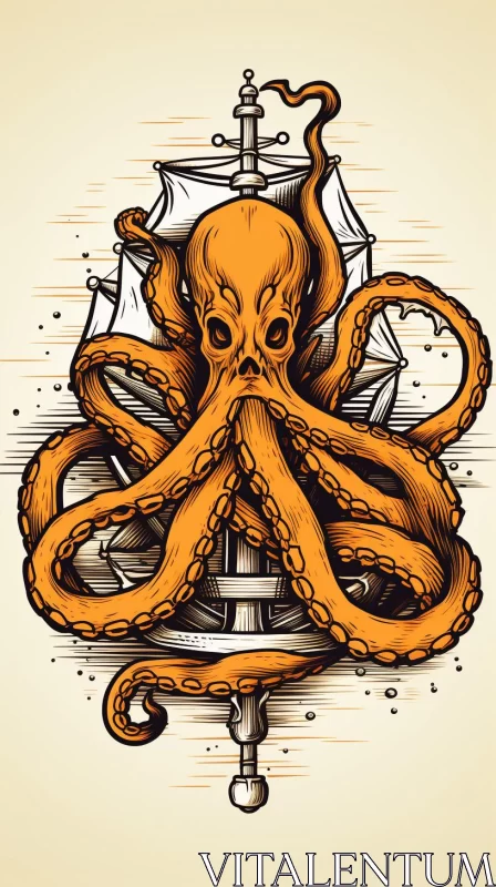 Octopus and Sailor Ship: A Crosshatched Sea Tale AI Image