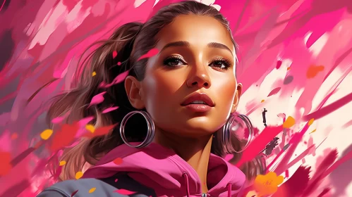 Ariana Grande's Expressive Portrait in Pink Hoodie AI Image