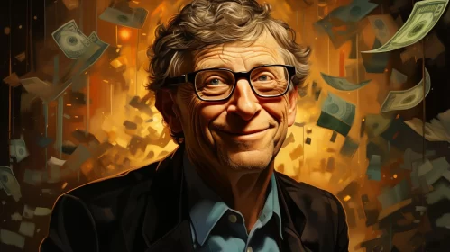Bill Gates Smiling Amidst Falling Money - A Neo-Expressionist Caricature