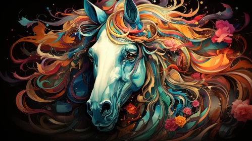 Colorful Horse with Floral Hair - Detailed Character Illustration AI Image
