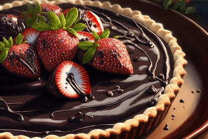 Detailed Illustration of a Chocolate Pie with Strawberries