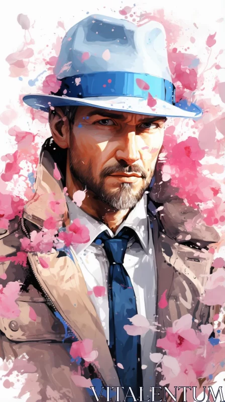 Stylized Portrait of a Man Amidst Flower Blossoms AI Image