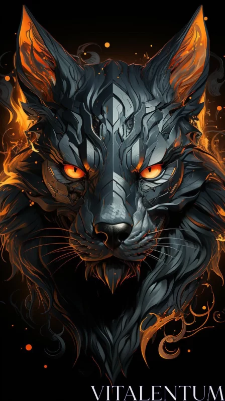 Mystical Fire Wolf Art in Silver and Orange AI Image