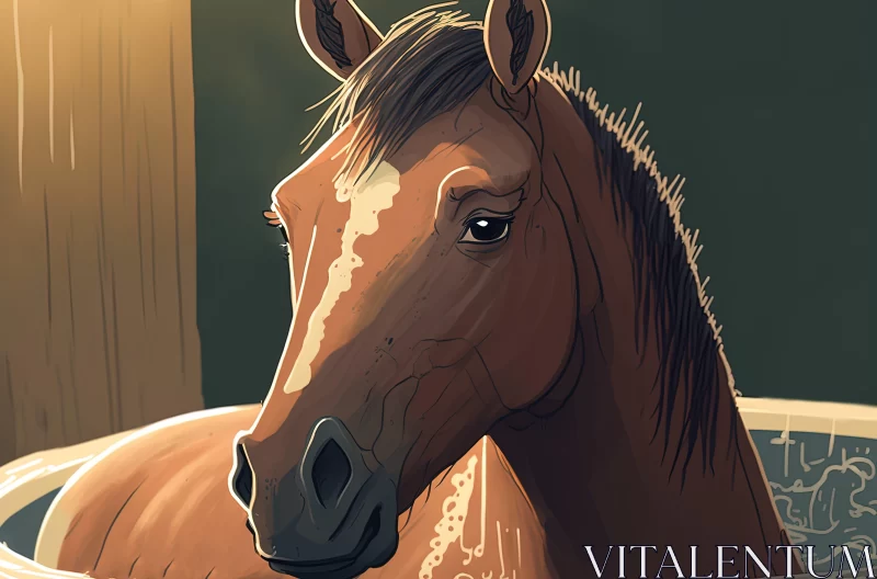 Brown Horse in Waterbed: A Close-Up Illustration AI Image