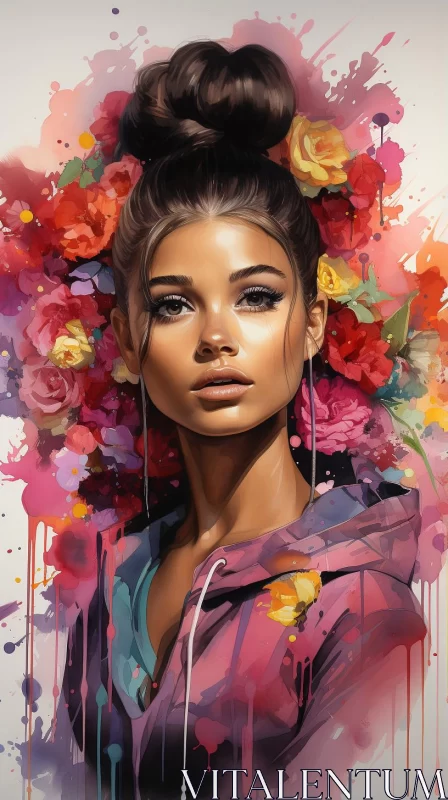 Colorful Floral Woman Portrait in Street Pop Art Style AI Image
