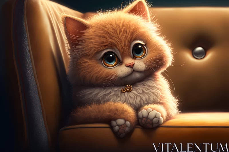 Cute Orange Kitten on Fur Couch - Cartoon Realism Artwork AI Image