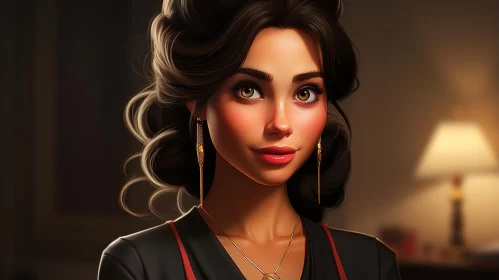 Enchanting Woman in Black Dress: A Detailed Character Illustration