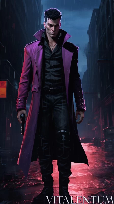 Mysterious Man in Purple on a Dark Street: A Sci-Fi Visual AI Image