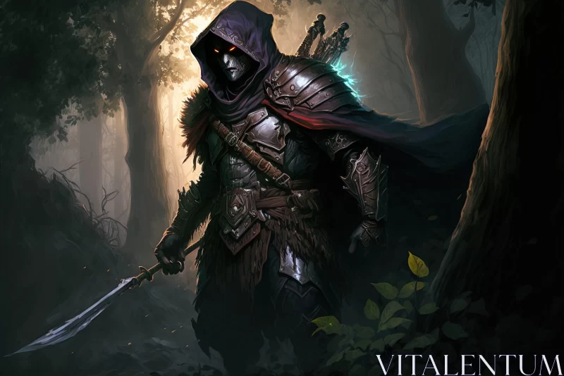 Mysterious Warrior in Cloak: A Dark Forest Journey AI Image