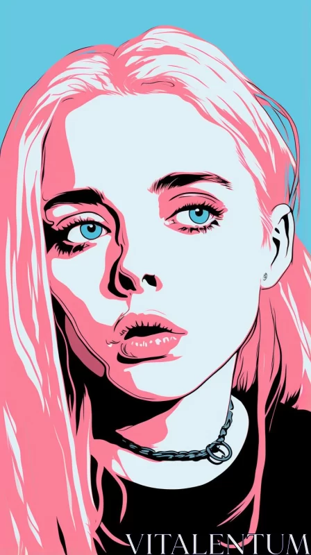 Pop Art Illustration of Girl with Blue Eyes and Pink Hair AI Image