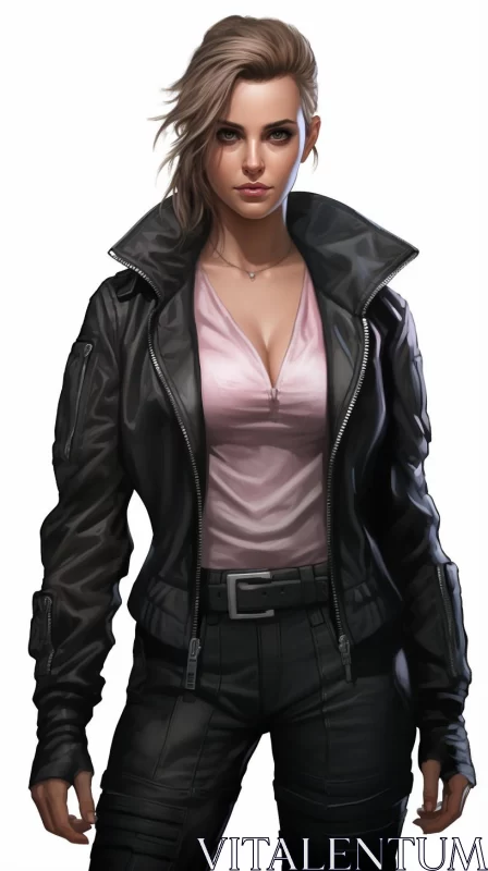 Woman in Leather Jacket: A Blend of Comic Art and Realism AI Image