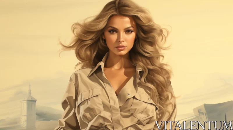 Beautiful Blonde Woman in Tan Shirt - Digital Illustration AI Image