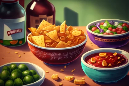 Cartoon Realism Food Art - A Lively Display of Chips and Salsa