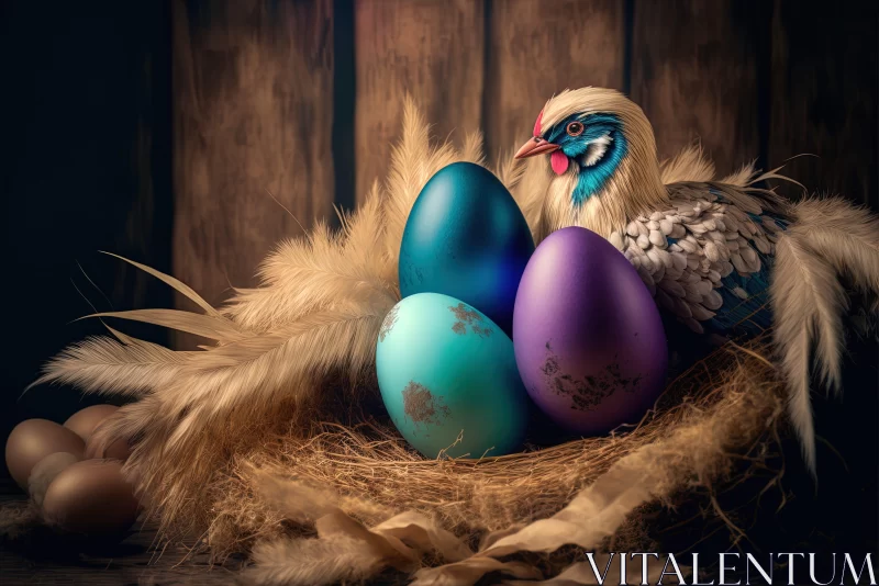 Colorful Easter Eggs in a Rustic Wildlife Setting AI Image