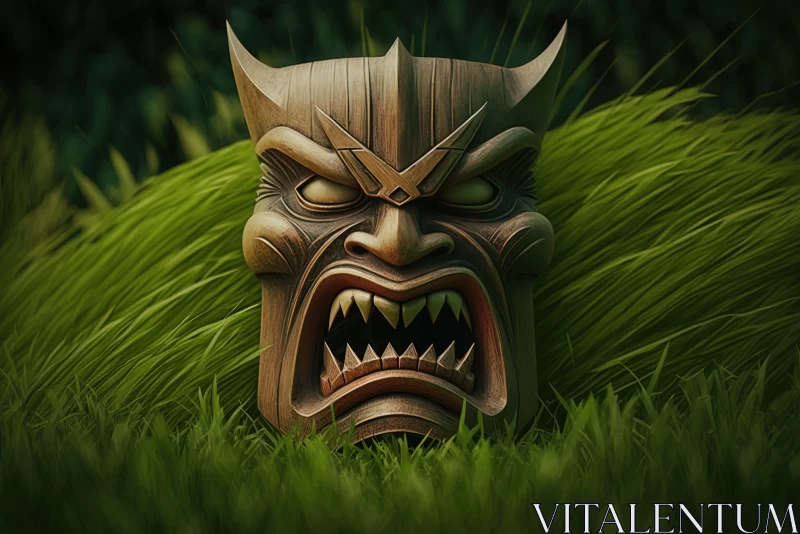 Epic Wooden Mask in Grass - A Tribute to Maori Art AI Image