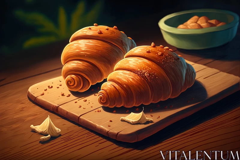 Exotic 2D Game Art Illustration of Croissants on Wooden Board AI Image