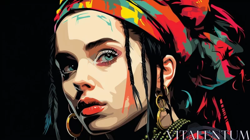 Female Pop Artist Illustration - Intense Colors and Orient-Inspired Close-Up AI Image