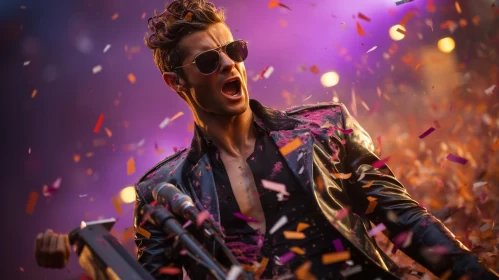 Man Singing in Leather and Sunglasses Amidst Confetti AI Image