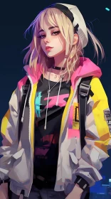 Anime Girl in Jacket - Neon Realism Wallpaper AI Image