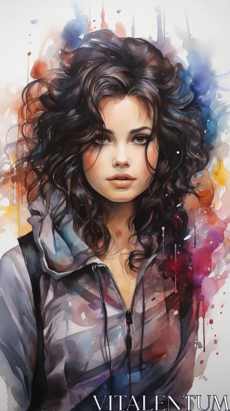 AI ART Colorful Realism Watercolor Painting of Young Woman