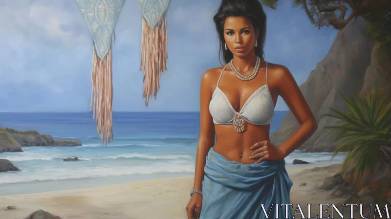 AI ART Exotic Realism: Multicultural Woman on the Beach Painting