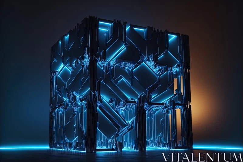 AI ART Futuristic 3D Cube Design in Dark - Industrial Fragments and Glowing Lights