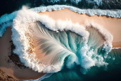 Aerial View of Surrealistic Ocean Wave Meeting Sandy Shore