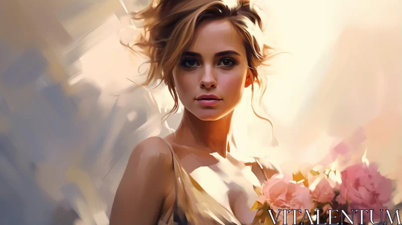AI ART Expressive Digital Art Portrait of Young Woman with Flowers