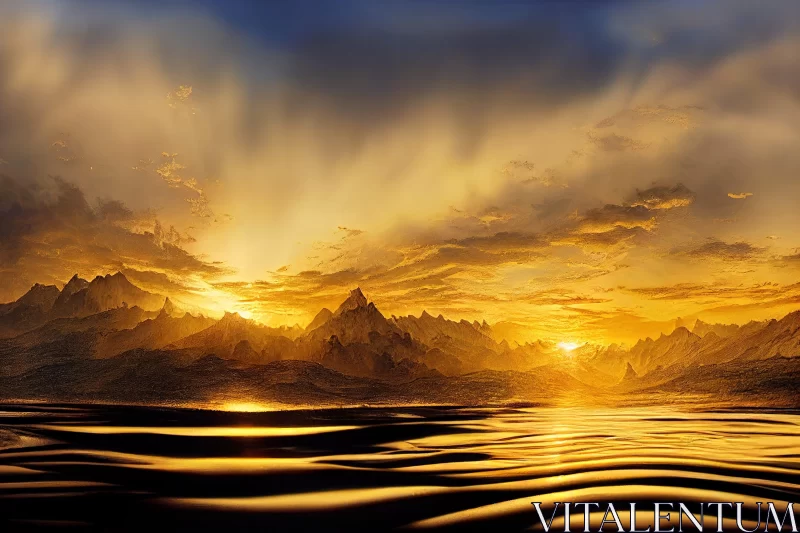 AI ART Golden Sunset Over Surreal Mountain Landscape