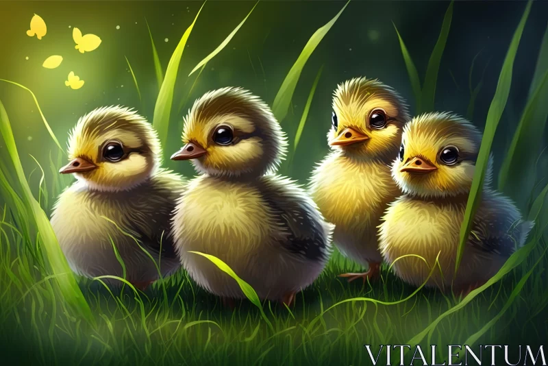 Adorable Green Chicks in Grass - Realistic Fantasy Game Art Wallpaper AI Image