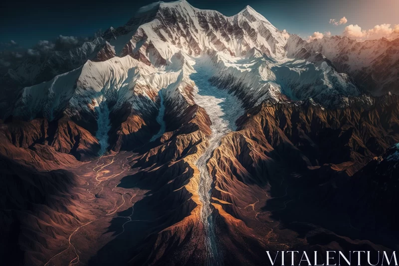 Aerial View of Mountain Landscape in Himalayan Art Style AI Image