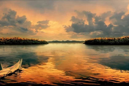 Serenity at Sunset: A Panoramic Boat Scene AI Image