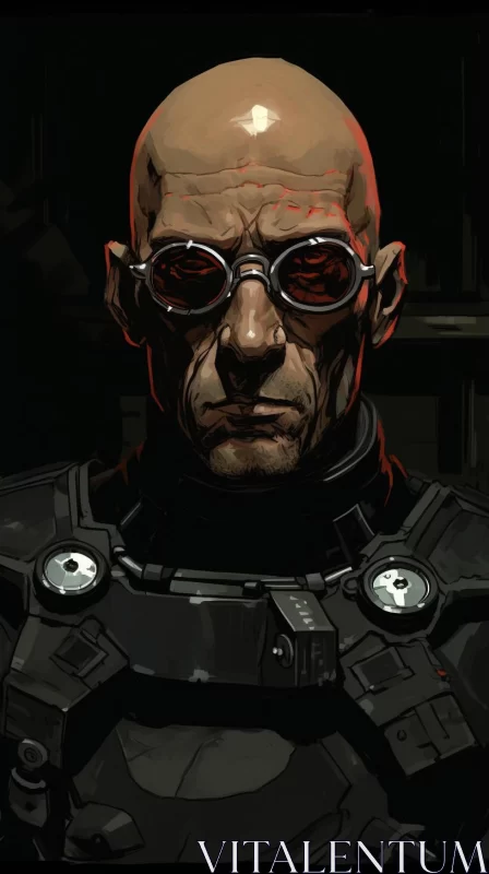 Steelpunk Sci-Fi Portrait: Bald Man with Helmet and Sunglasses AI Image