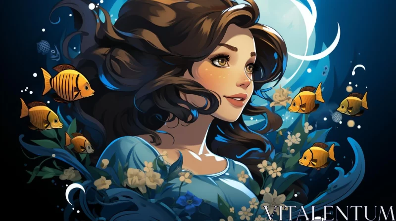 Underwater Girl with Fish - An Artistic Illustration in Sky-Blue and Dark Gold AI Image