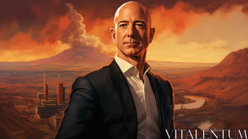Volcanic Cityscape Portrait of Famous Businessman AI Image