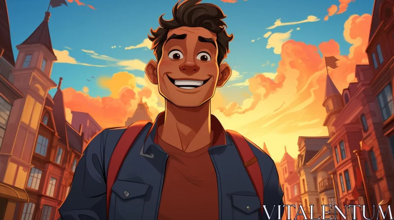 Animated City Portraits: A Boy's Smile in a Lively Cartoon Setting AI Image