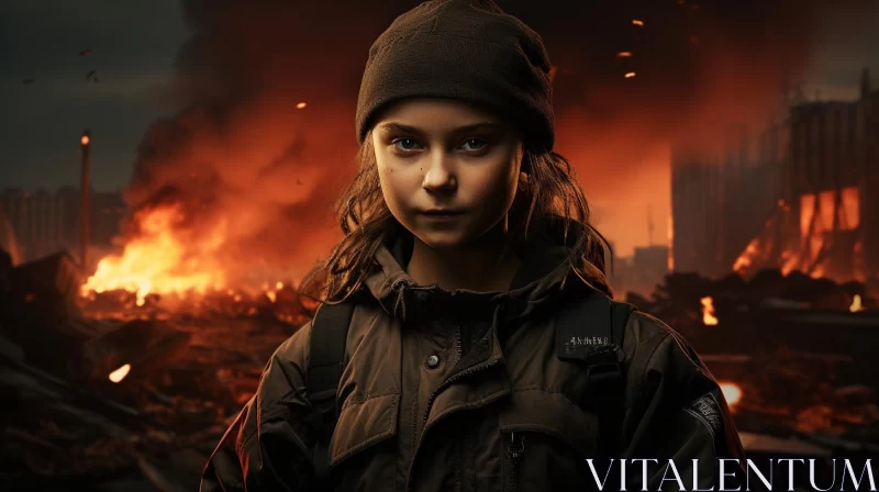 Apocalyptic Cityscape: Girl Amidst Burning Buildings AI Image