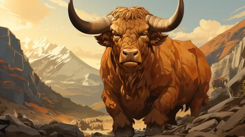 Majestic Bull on a Mountain: A Bronze and Amber Illustration AI Image