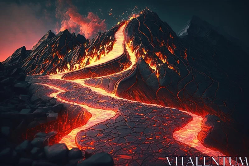 Mountain Lava Flow: A Fiery Contrast AI Image