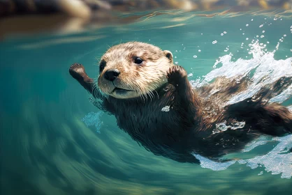 Playful Otter Diving in Water - Realistic Animal Portraiture