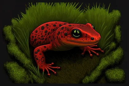 Red Frog in the Grass: An Eerie, Detailed Illustration