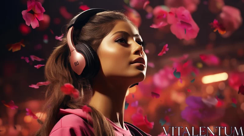 Woman with Pink Headphones in a Serene Floral Setting AI Image