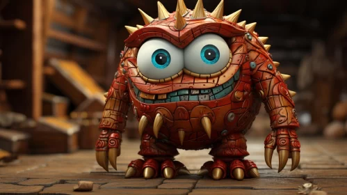 Animated Red Monster with Spikes on Wooden Floor AI Image