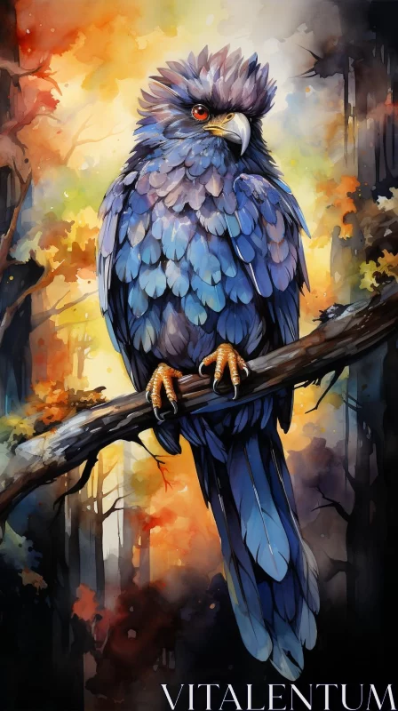 Blue Bird in Autumn Forest - Digital Art Illustration AI Image