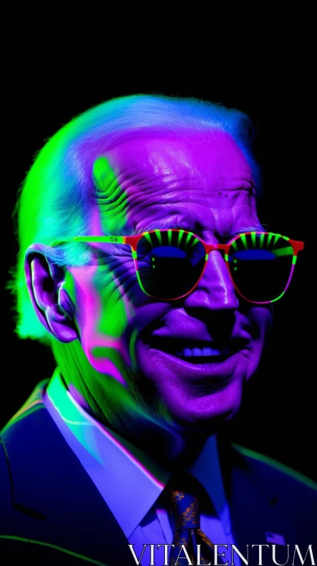 Joe Biden in Neon-Lit Pop Art Portrait with Sunglasses AI Image