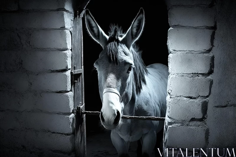 Monochrome Rural Life: Donkey at a Doorway AI Image