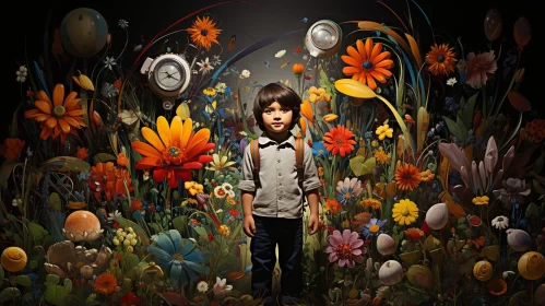 Surrealistic Portrait of a Boy in a Fantastical Flower Field